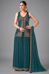Midnight Green Art Silk Woven Palazzo Suit with Sequin Cutdana Work