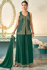 Bottle Green Art Silk Woven Palazzo Suit with Sequin Cutdana Work