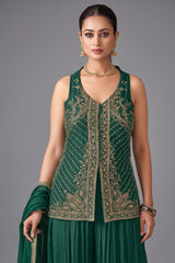 Bottle Green Art Silk Woven Palazzo Suit with Sequin Cutdana Work