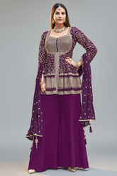 Wine Purple Art Silk Sequin Embroidered Peplum Style Palazzo Suit