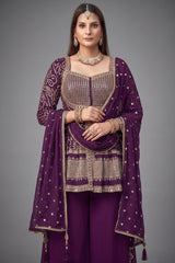 Wine Purple Art Silk Sequin Embroidered Peplum Style Palazzo Suit