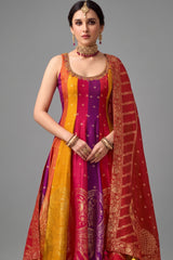Multi Colored Art Silk Woven Anarkali Palazzo Suit