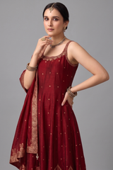 Maroon Art Silk Woven Anarkali Palazzo Suit with Beads and Mirror Work