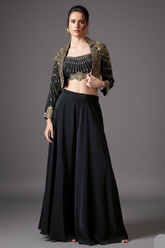 Black Crepe Satin Silk Palazzo Set with Mirror Adorned Jacket