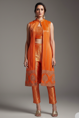 Orange Brocade Woven Crop Top Pant Set with Sequin Cutdana Work Jacket