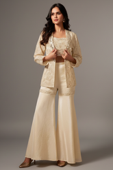 Cream Chinon Crop Top Sharara Set with Beaded Embroidered Blazer