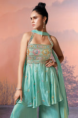 Sea Green Crepe Tissue Silk Halter Neck Embroidered Palazzo Suit