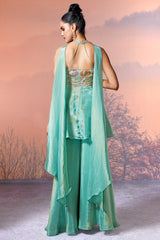 Sea Green Crepe Tissue Silk Halter Neck Embroidered Palazzo Suit