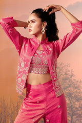 Pink Tissue Silk Crop Top Palazzo Set with Sequin Beaded Jacket