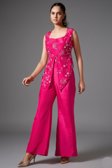 Pink Crepe Satin Silk Sequins Cutdana Work Crop Top Palazzo Set with Jacket