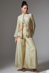 Cream Tissue Silk Sequin Beaded Worked Crop Top Palazzo Set