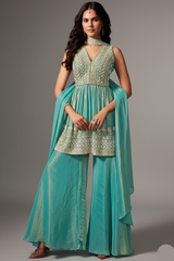 Aqua Green Tissue Silk Cutdana Worked Palazzo Suit