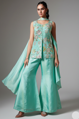 Light Sea Green Tissue Silk Sequins Cutdana Work Floral Motif Palazzo Suit
