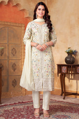 Off White Art Silk Floral Embroidered and Sequin Worked Straight Cut Suit