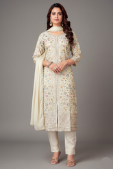 Off White Art Silk Floral Embroidered and Sequin Worked Straight Cut Suit