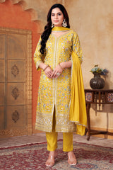 Yellow Art Silk Floral Embroidered and Sequin Worked Straight Cut Suit