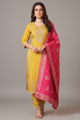 Yellow Chinon Embroidered Straight Cut Suit