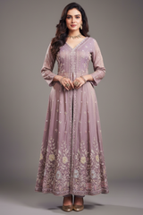 Lilac Purple Tissue Chinon Silk Beaded and Cutdana Worked Slit Cut Suit