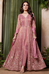 Onion Pink Tissue Chinon Silk Beaded and Cutdana Worked Slit Cut Suit