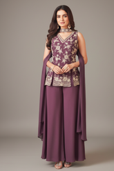 Antique Fuchsia Purple Chinon Floral Sequin and Beaded Worked Palazzo Suit