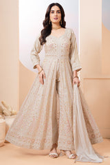 Cream Chinon Slit Cut Sequin Beaded Suit