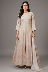 Cream Chinon Slit Cut Sequin Beaded Suit