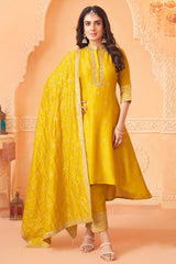 Yellow Art Silk High and Low Sequin Mirror Worked Suit