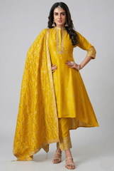 Yellow Art Silk High and Low Sequin Mirror Worked Suit