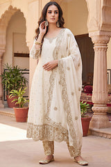 Pearl White Art Silk Sequin Embroidered Anarkali Suit with Scallop Border
