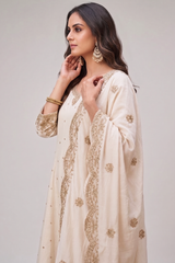 Pearl White Art Silk Sequin Embroidered Anarkali Suit with Scallop Border
