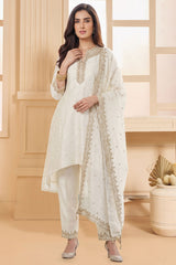 Pearl White Art Silk Sequin Embroidered High and Low Suit