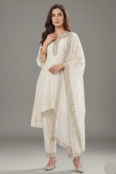 Pearl White Art Silk Sequin Embroidered High and Low Suit