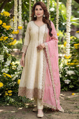 Cream Art Silk Sequin Embroidered Anarkali Suit