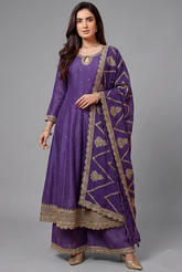 Purple Art Silk Embroidered Anarkali Palazzo Suit