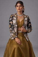 Golden Mustard Tissue Crop Top with Floral Embroidered Jacket And Palazzo Set