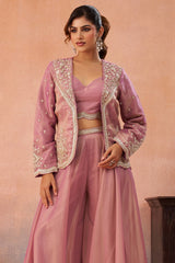Pink Tissue Crop Top with Embroidered Jacket and Flared Palazzo Set