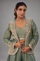 Sage Green Tissue Crop Top with Embroidered Jacket and Flared Palazzo Set