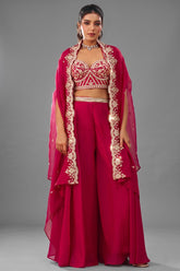 Dark Pink Organza Beads Embroidered Crop Top with Flared Cape and Palazzo Set