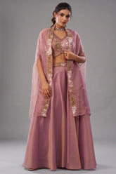 Light Pink Tissue Beads Embroidered Crop Top with Cape and Flared Palazzo Set