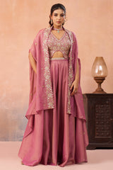 Coral Pink Crepe Beads Embroidered Crop Top with Cape and Flared Palazzo Set