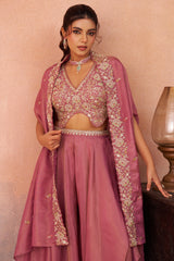 Coral Pink Crepe Beads Embroidered Crop Top with Cape and Flared Palazzo Set