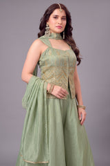 Light Pista Green Tissue Woven Palazzo Suit with Woven Applique Work
