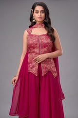 Rani Pink Brocade Woven Asymmetrical Palazzo Suit