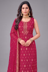 Rani Pink Art Silk Woven Straight Cut Suit with Embroidery