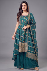 Firozi Chinon Silk Floral Embroidered Palazzo Suit
