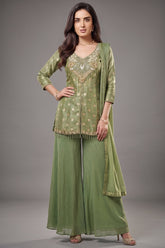 Pista Green Chinon Silk Woven and Mirror Worked Palazzo Suit