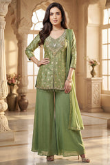 Pista Green Chinon Silk Woven and Mirror Worked Palazzo Suit