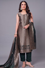 Dark Olive Green Brocade Silk Woven Straight Cut Suit