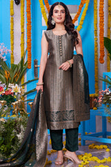 Dark Olive Green Brocade Silk Woven Straight Cut Suit