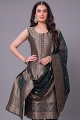 Dark Olive Green Brocade Silk Woven Straight Cut Suit